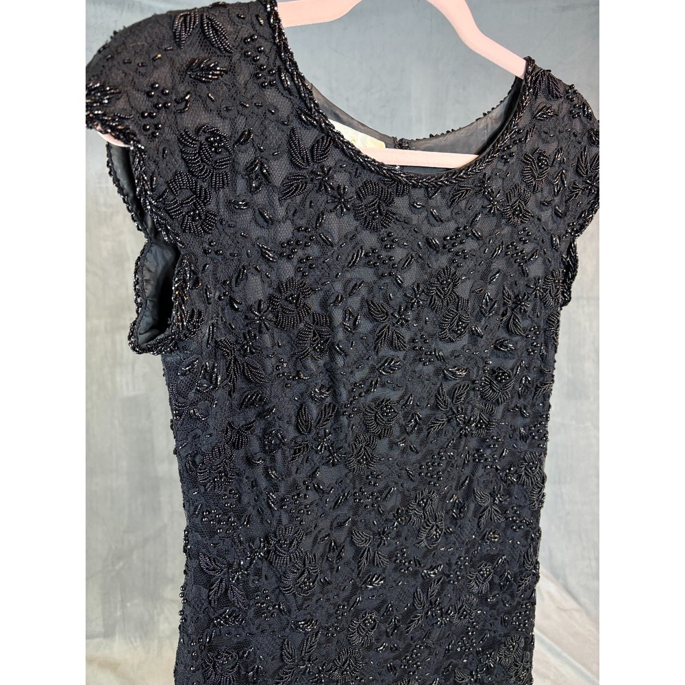 Vtg 60s Ricky Bo Black Hand Beaded Overlay Sheath Dress Hilton Hotel Hong Kong 6